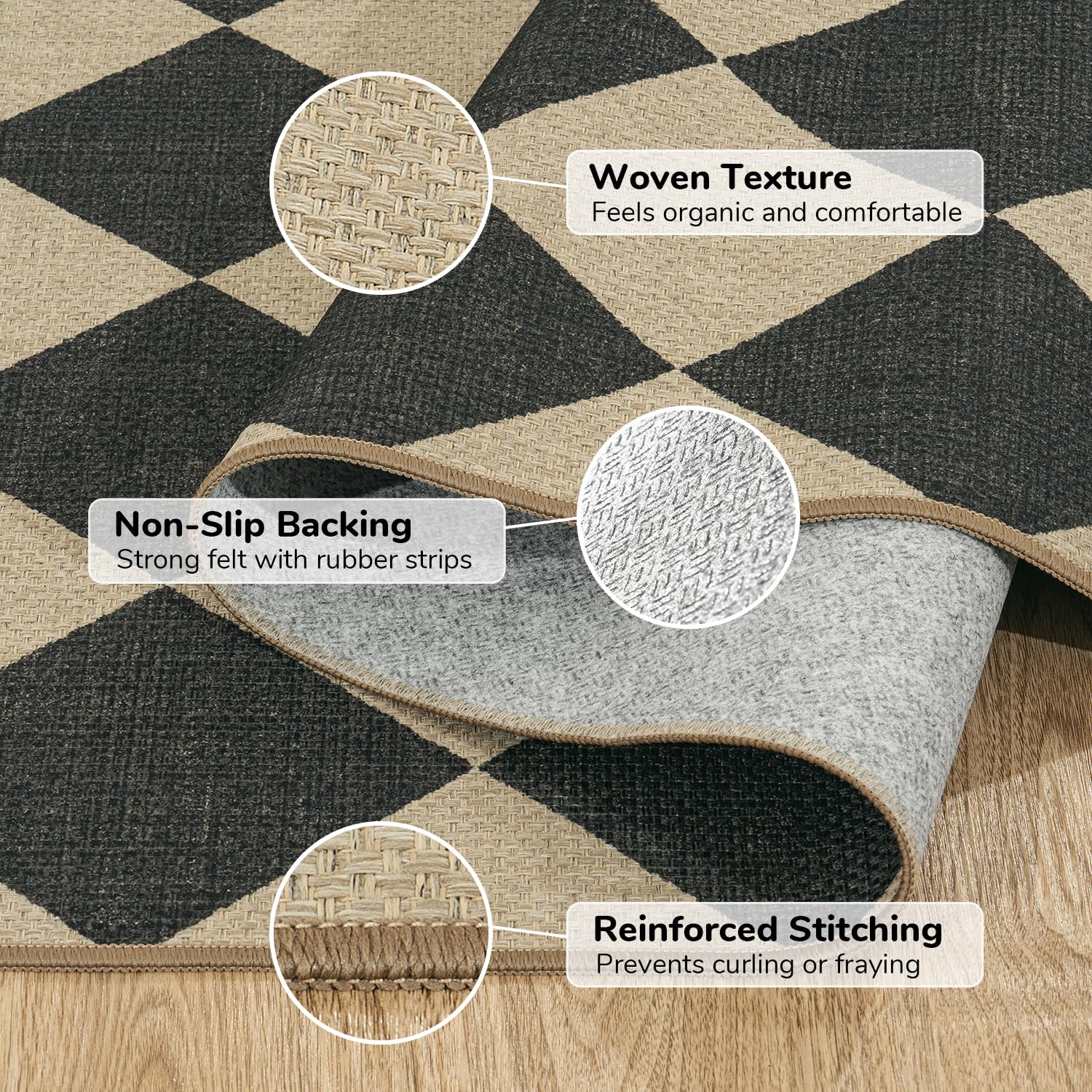Lessymo rug placed in kitchen showing easy-clean surface benefit