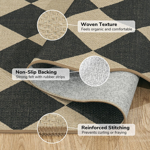 Lessymo rug placed in kitchen showing easy-clean surface benefit