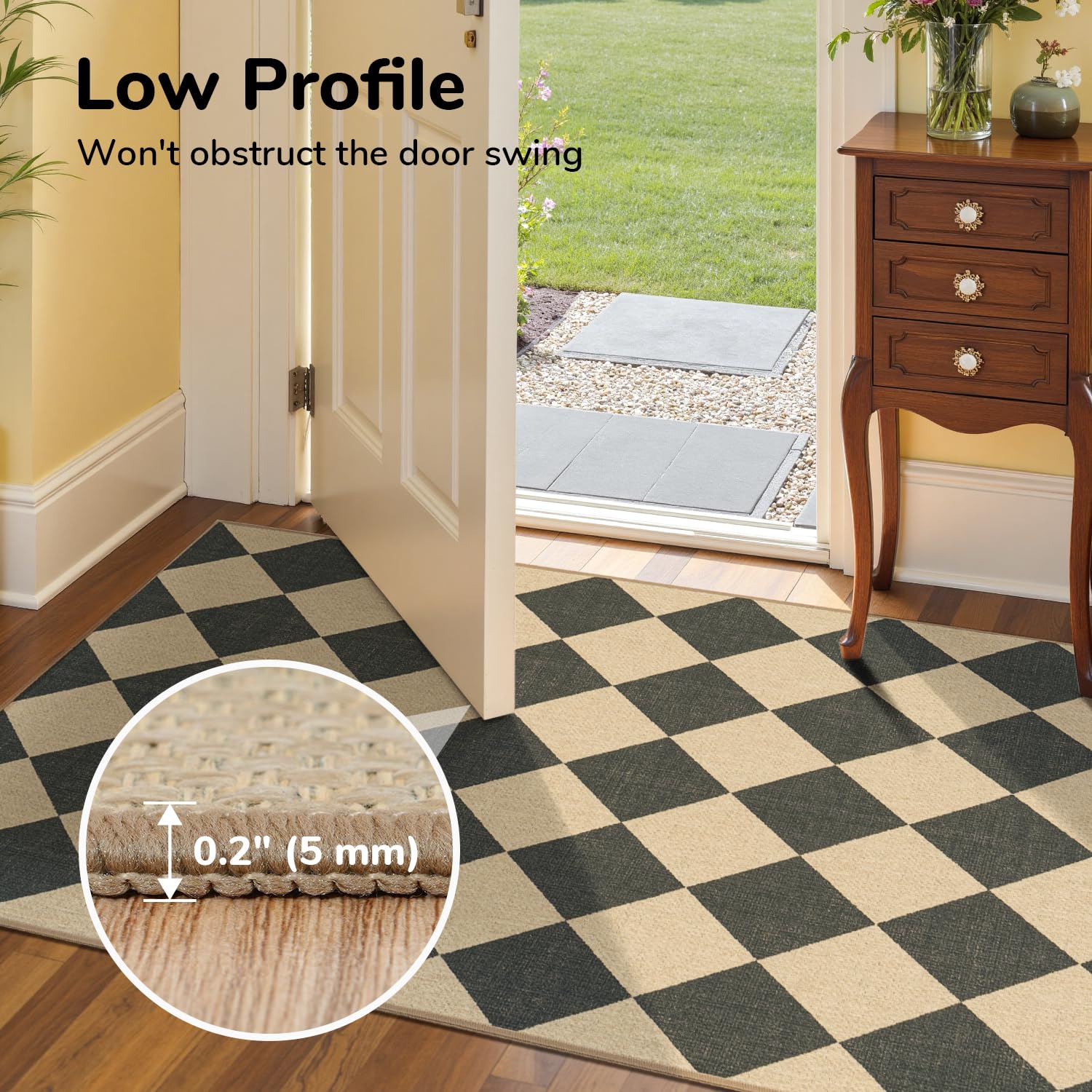 Lessymo rug folded near washer showing machine-washable convenience benefit