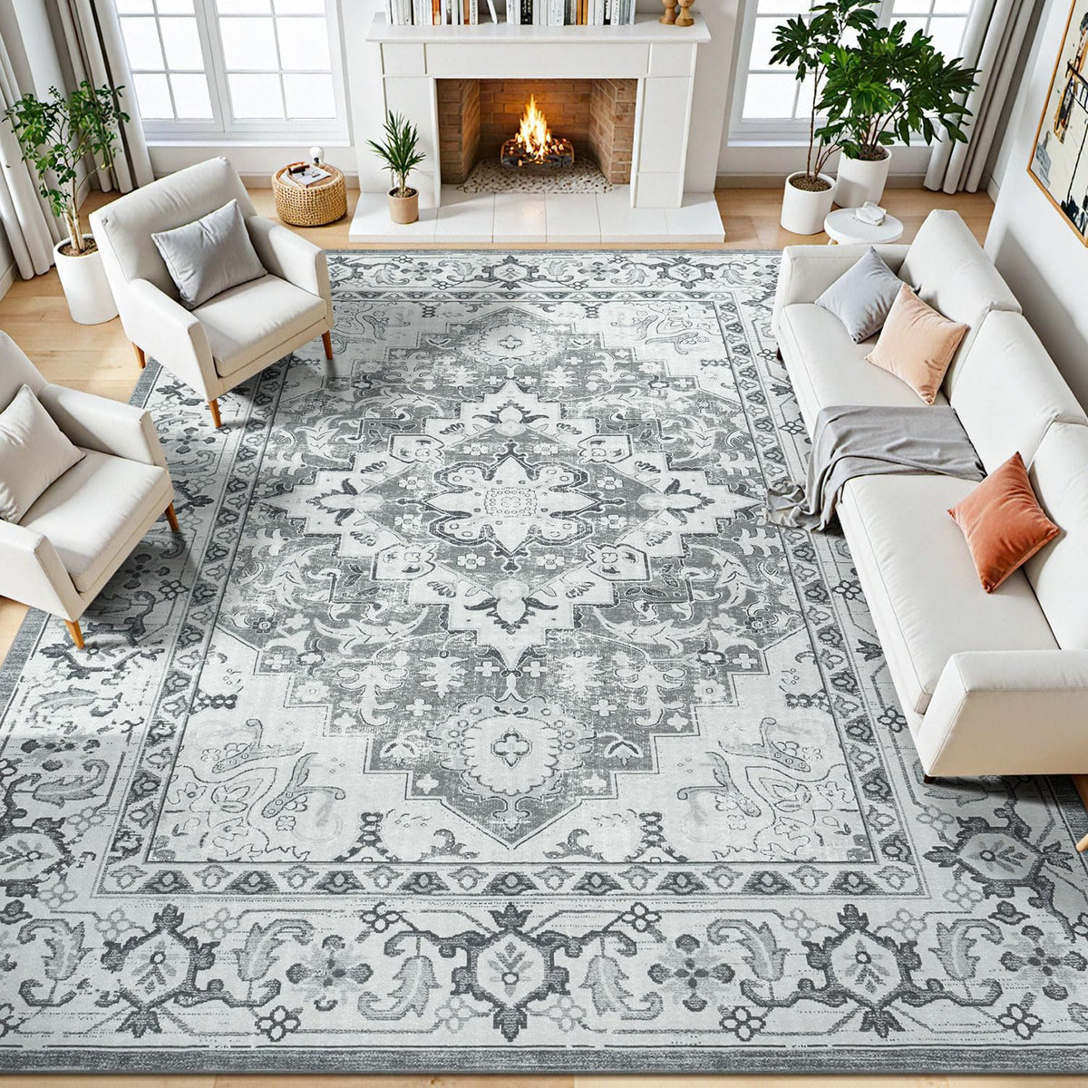 Lessymo front view of 8x10 rug showing vintage floral pattern for elegant styling