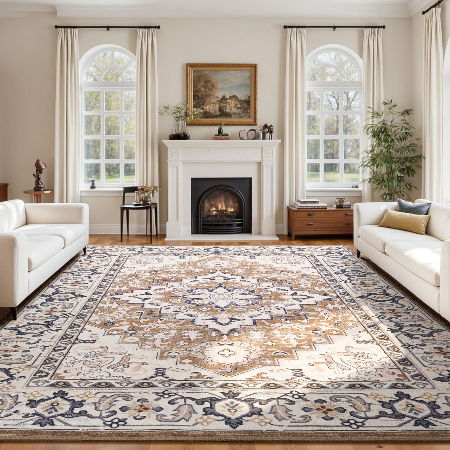 Lessymo front view of 8x10 vintage floral rug showing elegant pattern and balance