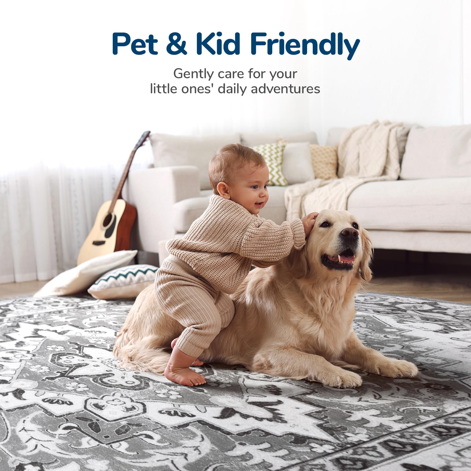 Lessymo rug under coffee table showing scale and furniture compatibility
