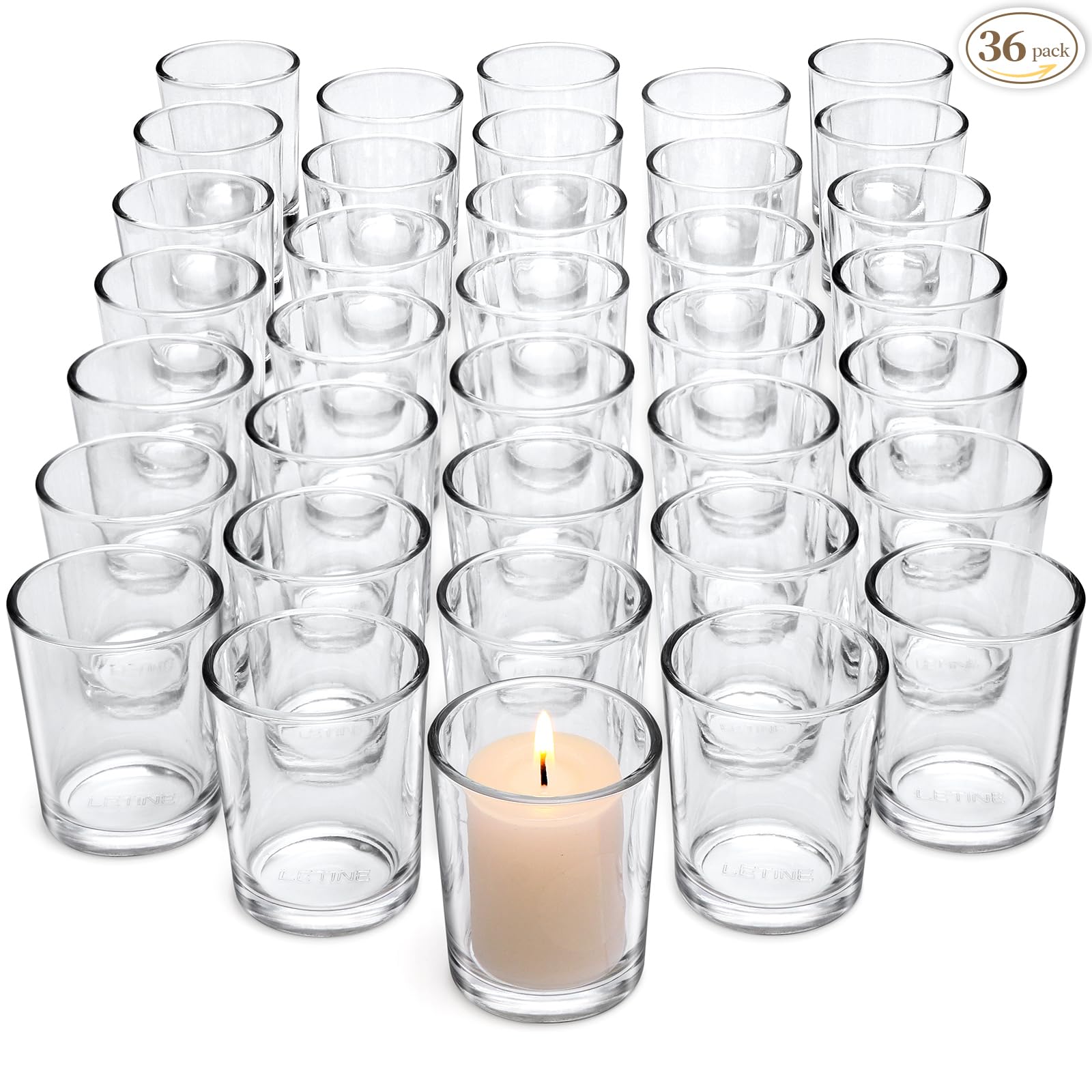 LETINE clear glass votive front packaging shows bulk value and readiness