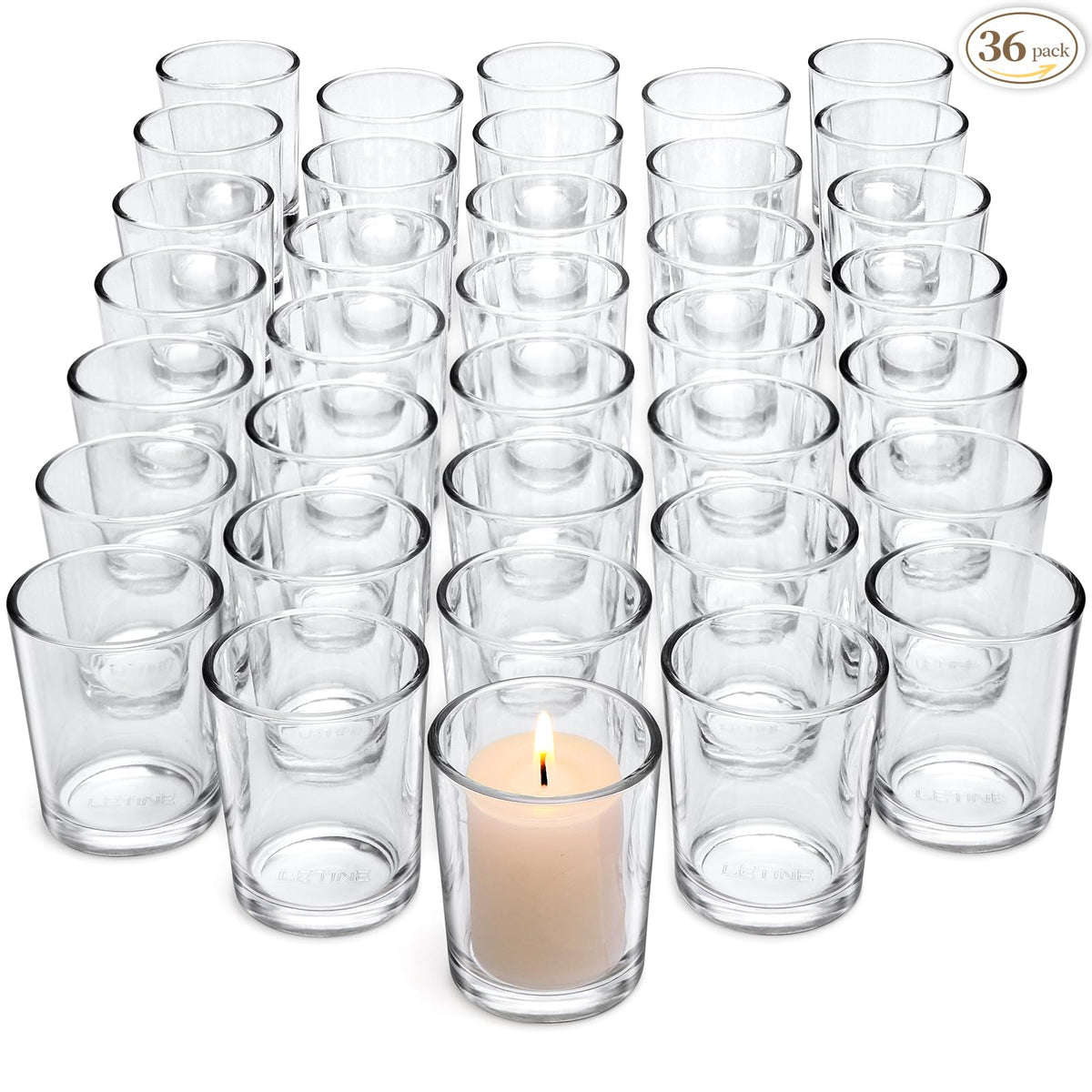 LETINE clear glass votive front packaging shows bulk value and readiness