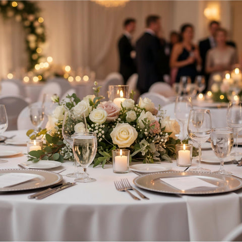 LETINE votives with tealights on table creating warm event ambiance