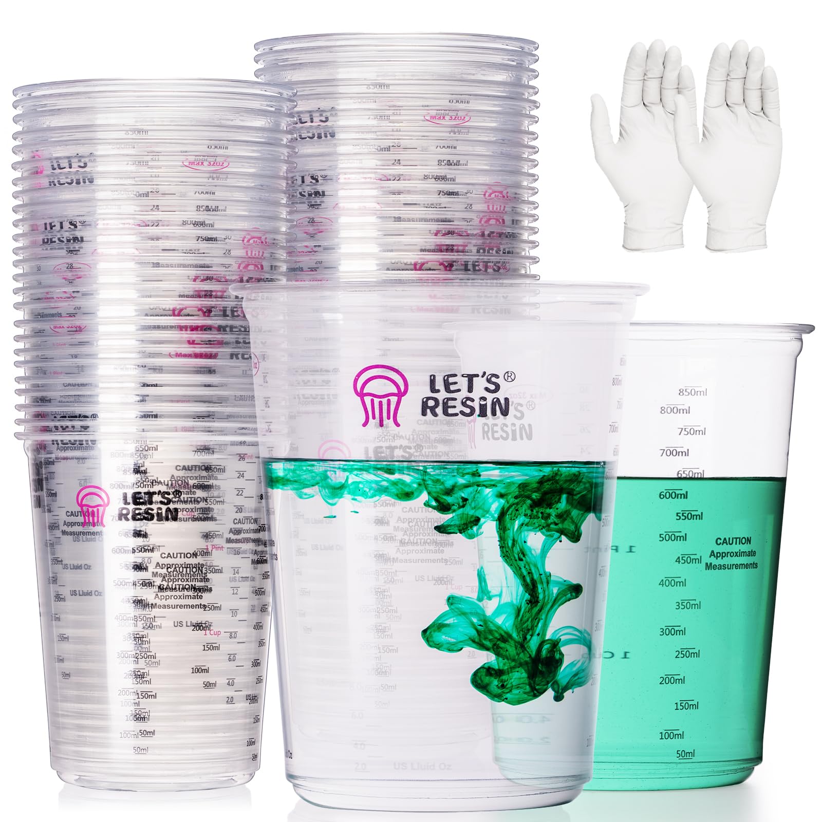 LET'S RESIN front view of 32 oz cup pack showing count and gloves, improves workspace efficiency
