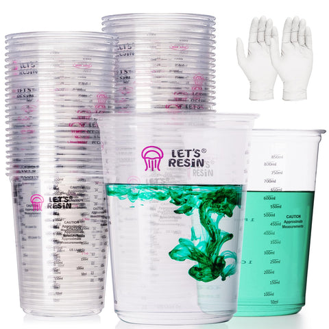 LET'S RESIN front view of 32 oz cup pack showing count and gloves, improves workspace efficiency