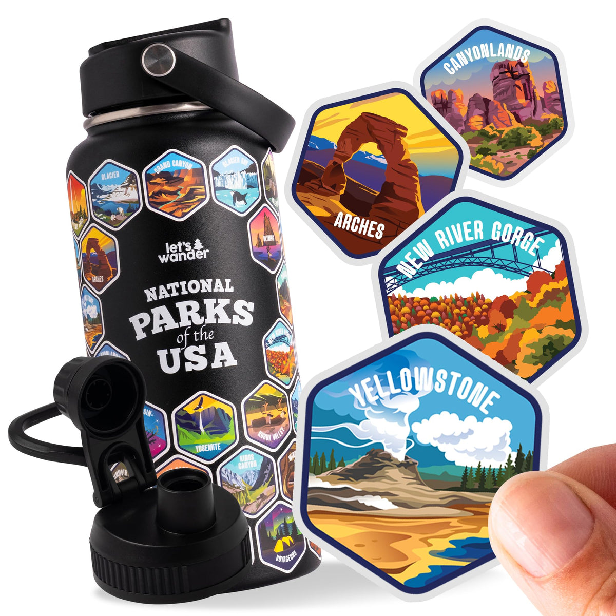 LET'S WANDER bottle and sticker bundle front view showing contents and appeal
