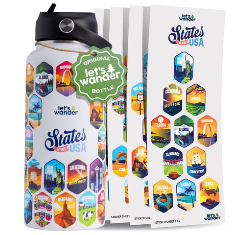 LET'S WANDER bottle front packaging showing pre-engraved state artwork and benefits