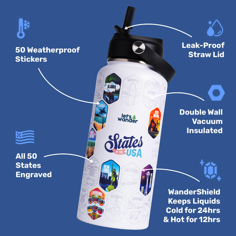 LET'S WANDER 50 state stickers spread out showing waterproof designs for personalization