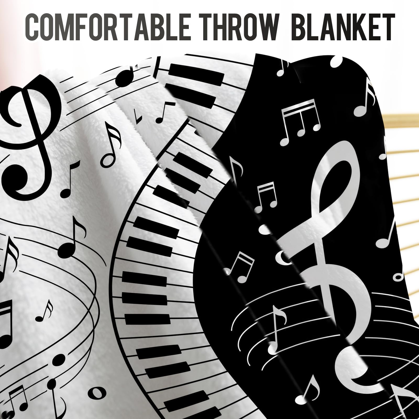 Levens throw draped over sofa creating cozy music-themed living room accent