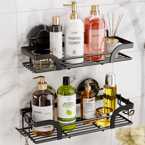 LEVERLOC front view of two-pack shower caddy showing black shelves and packaging — durable storage