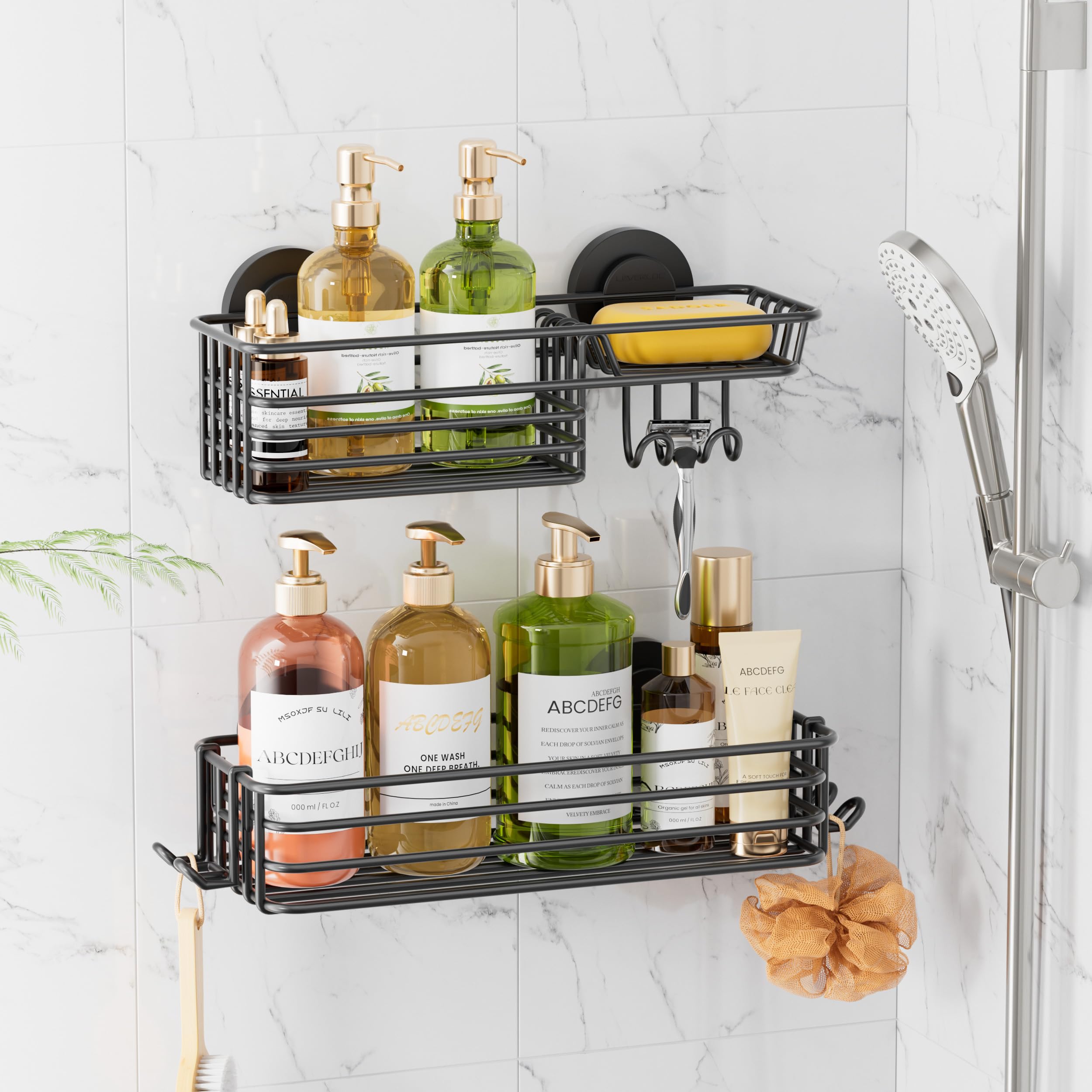 LEVERLOC front view of two-pack shower caddy showing tidy storage benefit