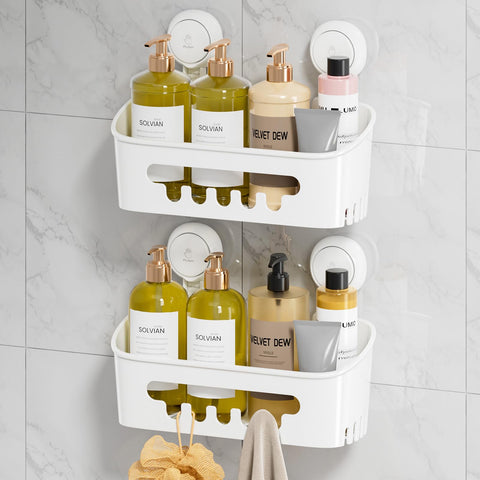 LEVERLOC front view of shower caddy showing neat bottle storage benefit