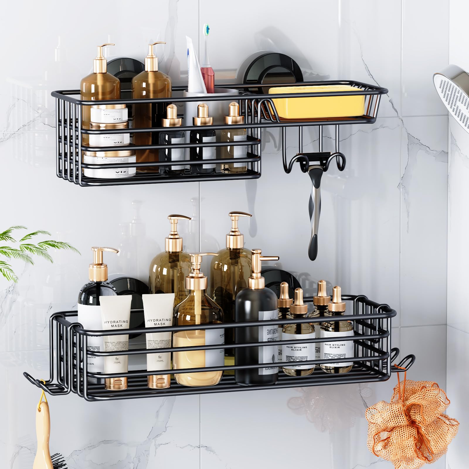 LEVERLOC front view of two suction shower caddies showing organized bottles and hooks for neat storage