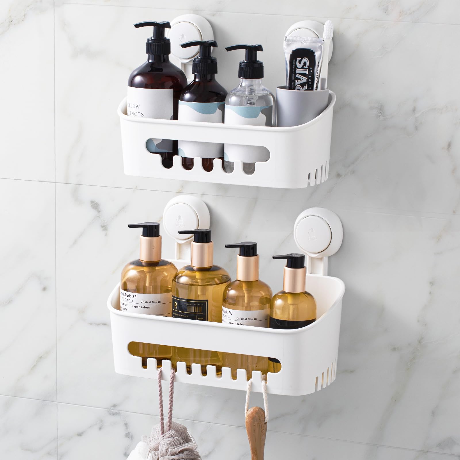 LEVERLOC front view white shower caddy showing tidy storage benefit