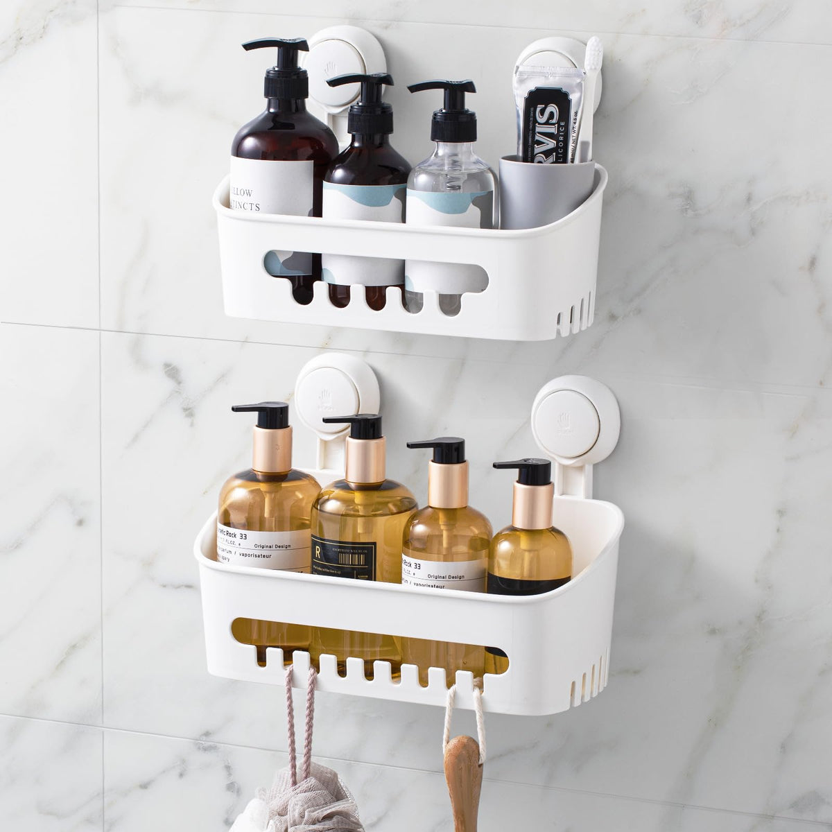 LEVERLOC front view white shower caddy showing tidy storage benefit
