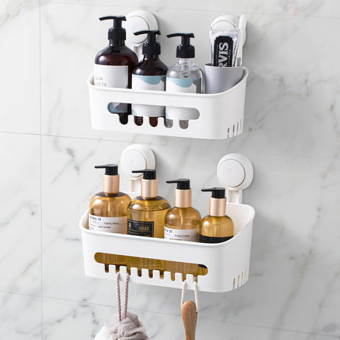 LEVERLOC front view white shower caddy showing tidy storage benefit
