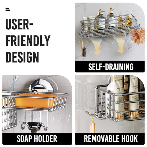 LEVERLOC large hooks and soap tray close-up showing convenient hanging and drainage