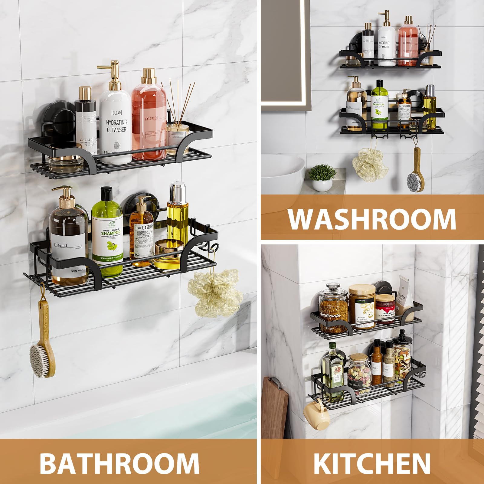 LEVERLOC mounted on a glass shower wall corner holding bottles for tidy, drill-free installation