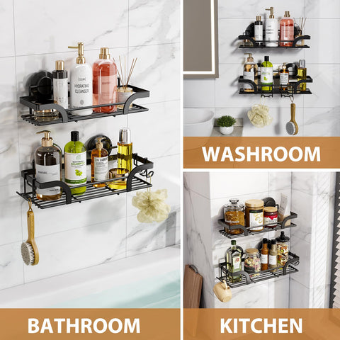 LEVERLOC mounted on a glass shower wall corner holding bottles for tidy, drill-free installation