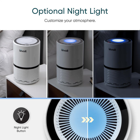 Levoit on bedroom nightstand running quietly for restful sleep benefit