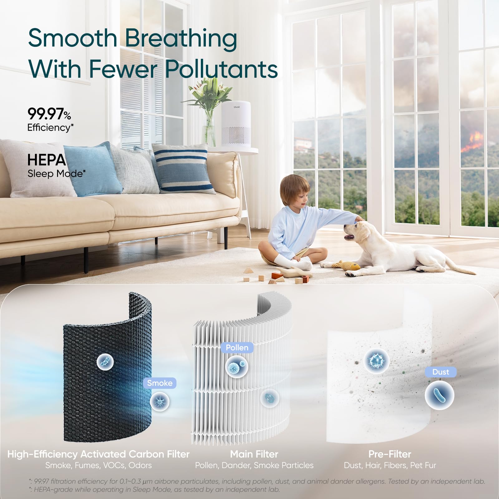 Levoit app on phone with voice command showing convenient remote control benefit