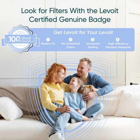 Levoit close-up activated carbon filter showing odor removal benefit