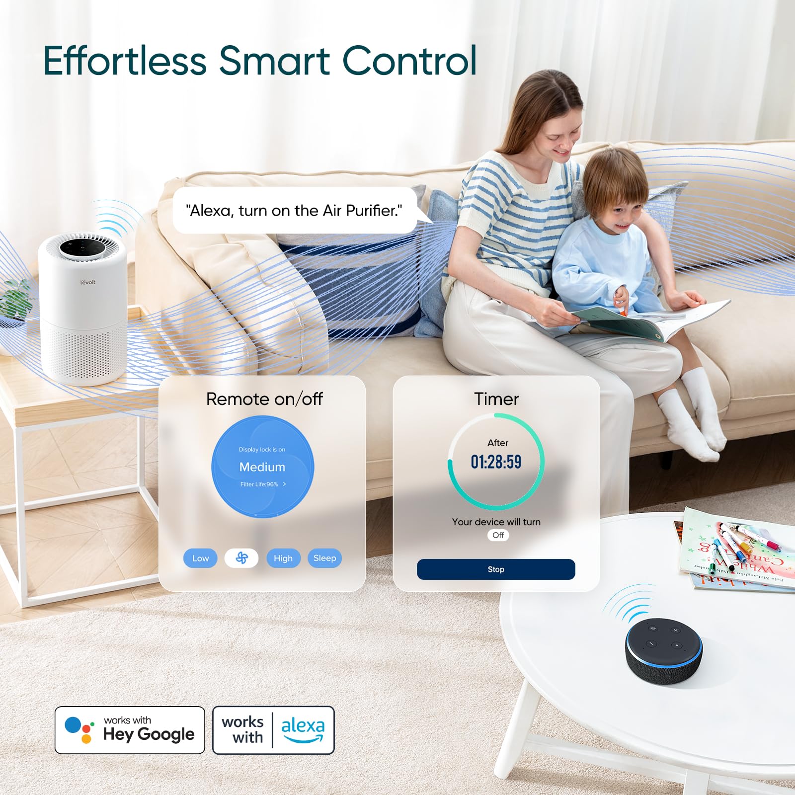 Levoit beside a chair showing scale and portability benefit
