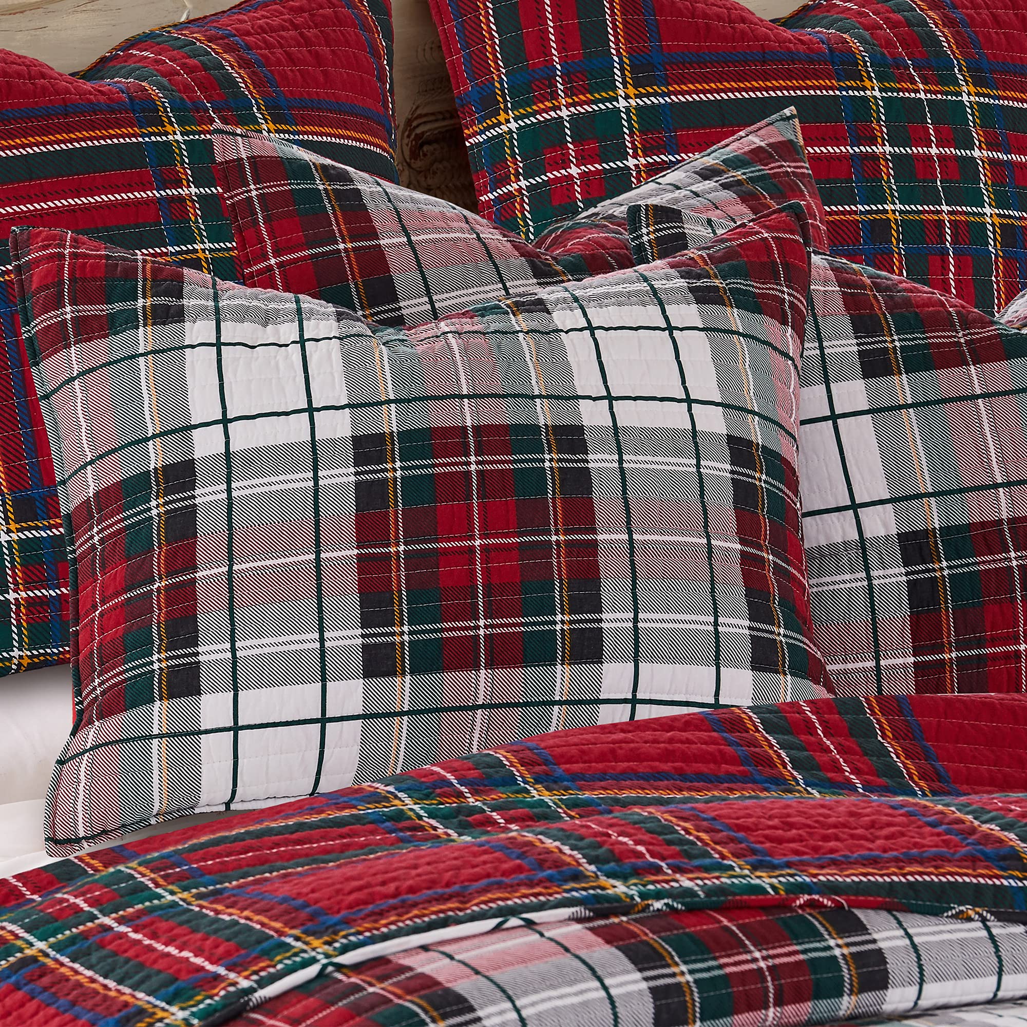 Levtex Home Spencer Plaid styled on bed illustrating warm holiday bedroom decor