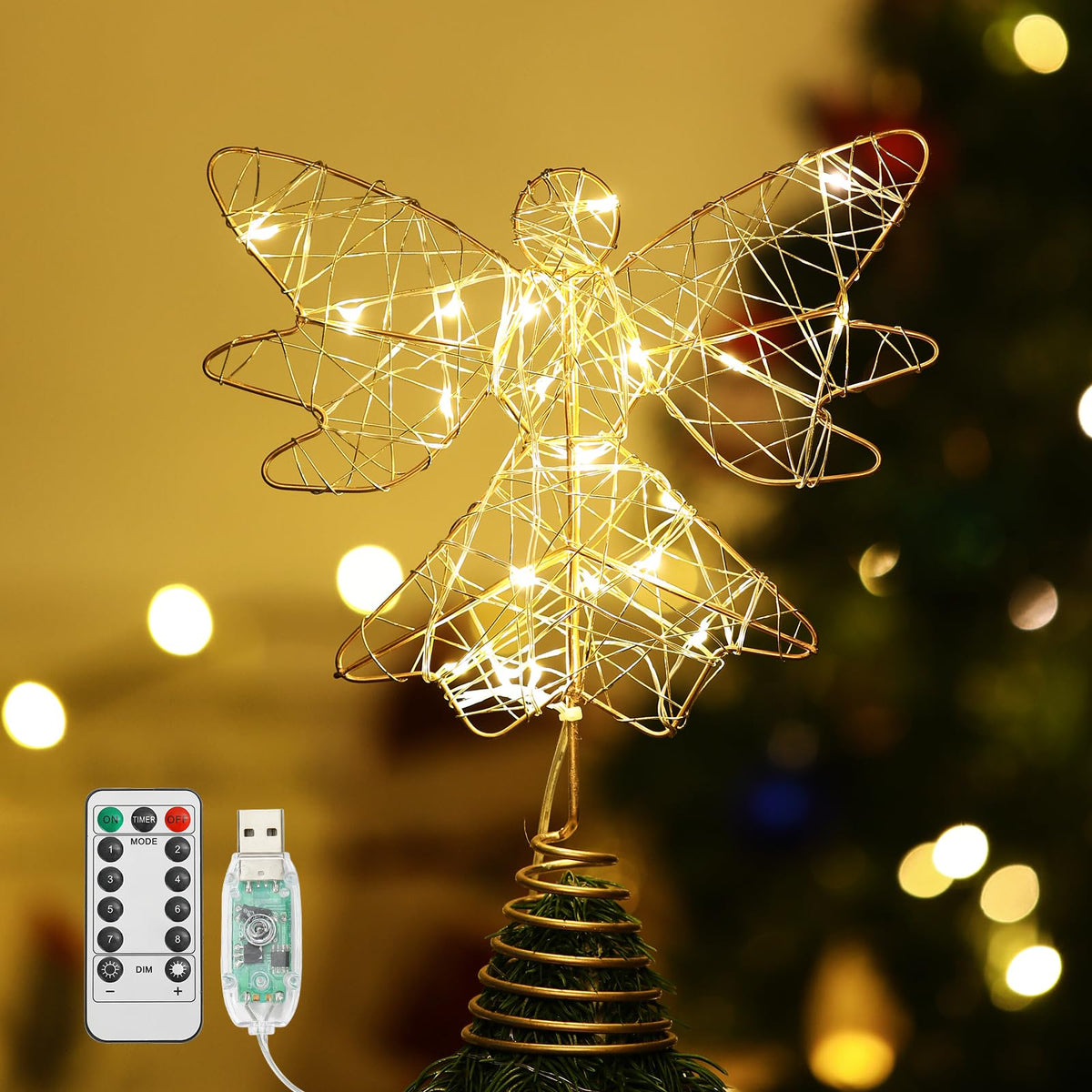 Lewondr gold angel front view showing elegant topper and warm glow