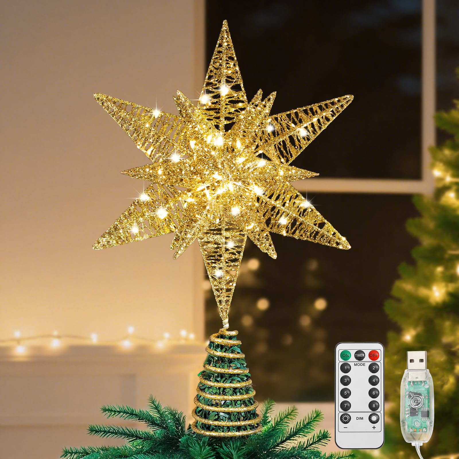 Lewondr front view of glitter 3D star topper showing festive crown benefit