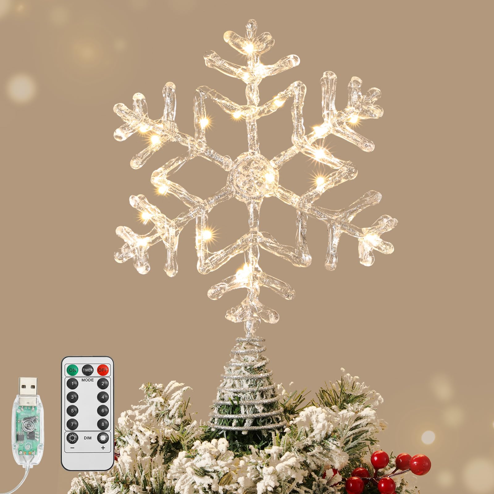 Lewondr snowflake topper front view showing clear crystal finish and sparkle benefit