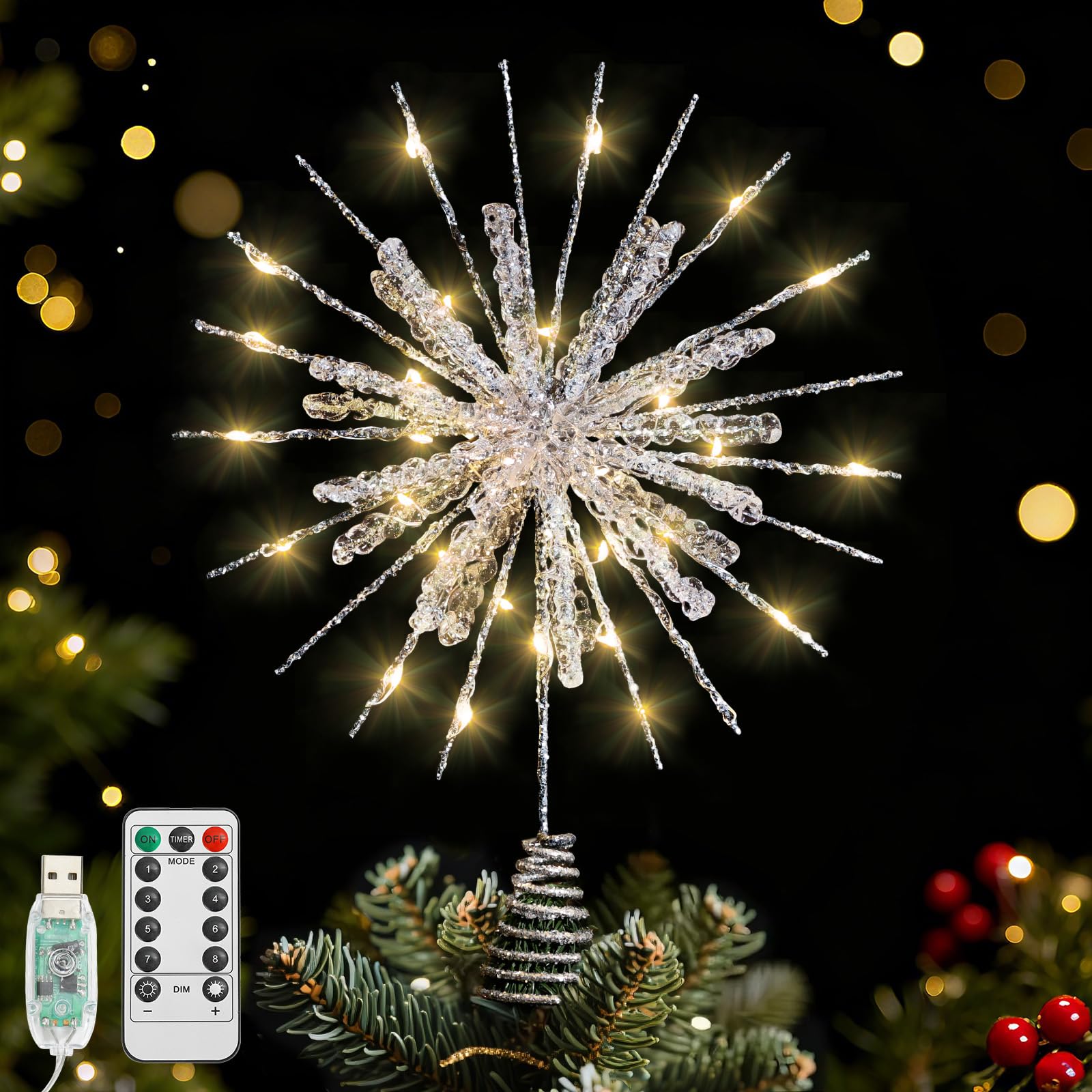 Lewondr snowflake topper front view shows silver sparkle and balanced design for focal impact