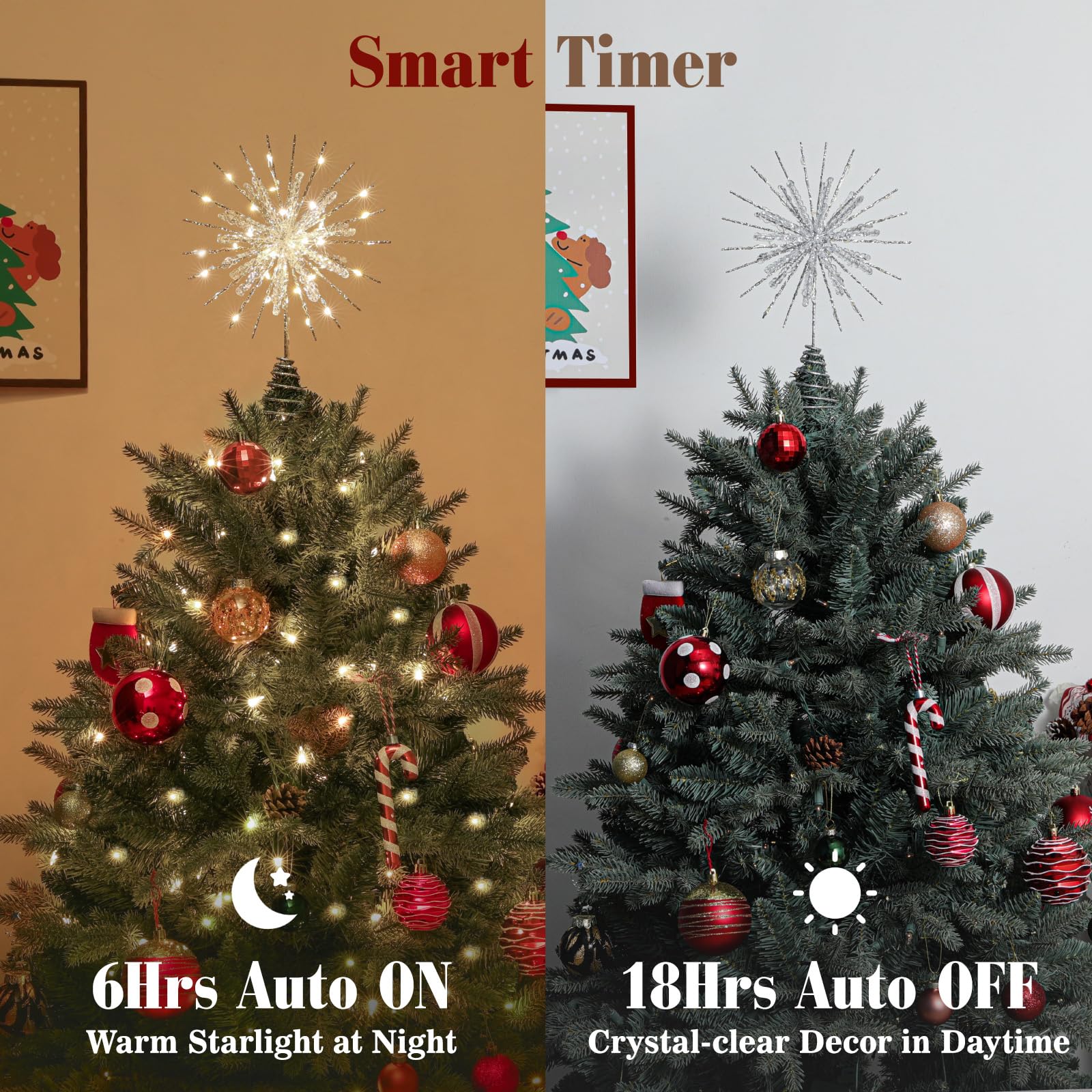 Lewondr topper lit in tree at evening creates warm ambient glow and festive atmosphere