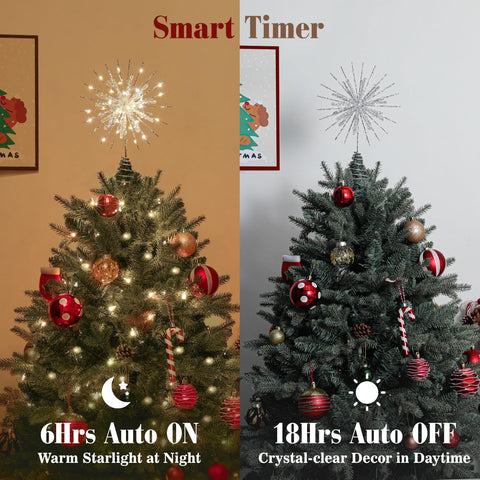 Lewondr topper lit in tree at evening creates warm ambient glow and festive atmosphere