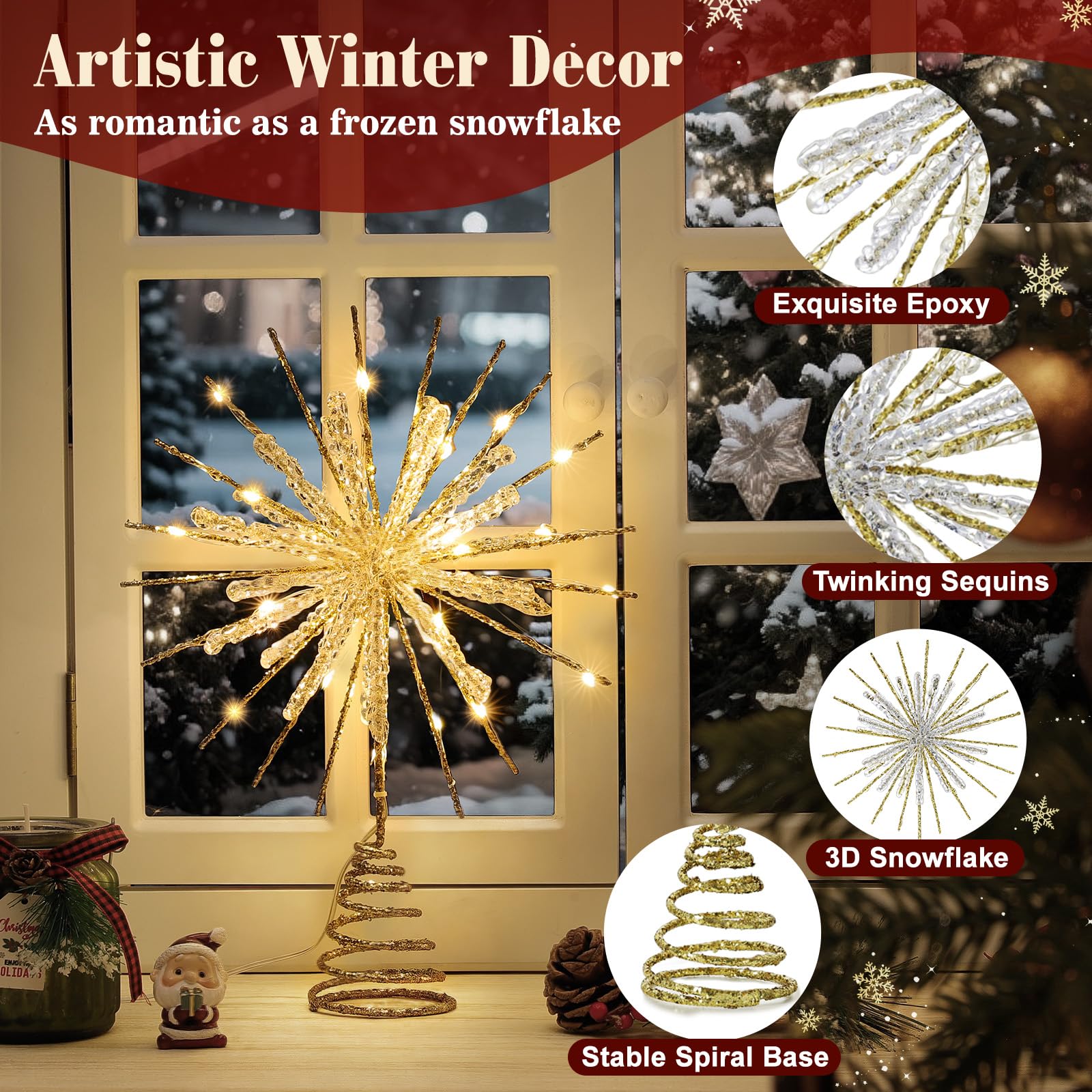 Lewondr snowflake topper lit at night with warm glow enhancing holiday atmosphere benefit
