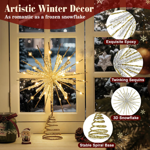Lewondr snowflake topper lit at night with warm glow enhancing holiday atmosphere benefit