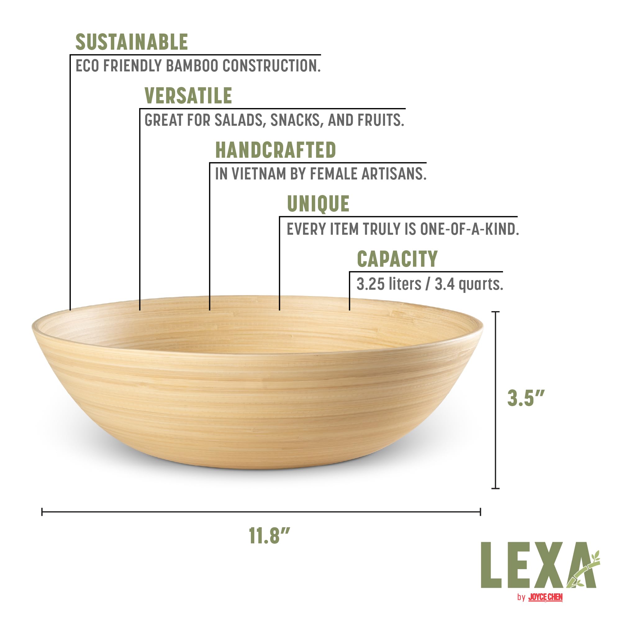 LEXA bowl beside dinner plate for scale showing roomy 130 oz capacity