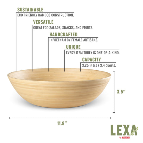 LEXA bowl beside dinner plate for scale showing roomy 130 oz capacity