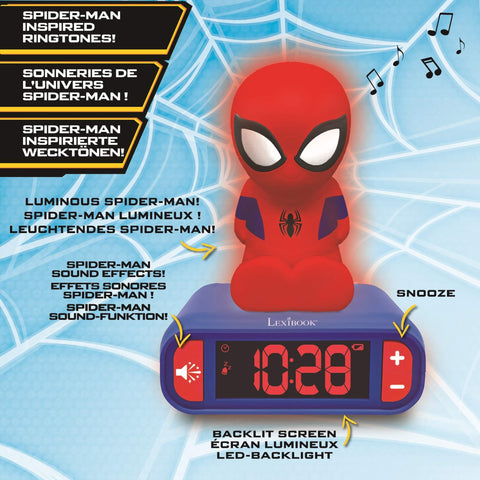 LEXiBOOK Spider-Man top-button detail for easy alarm stop, quick kid-friendly use