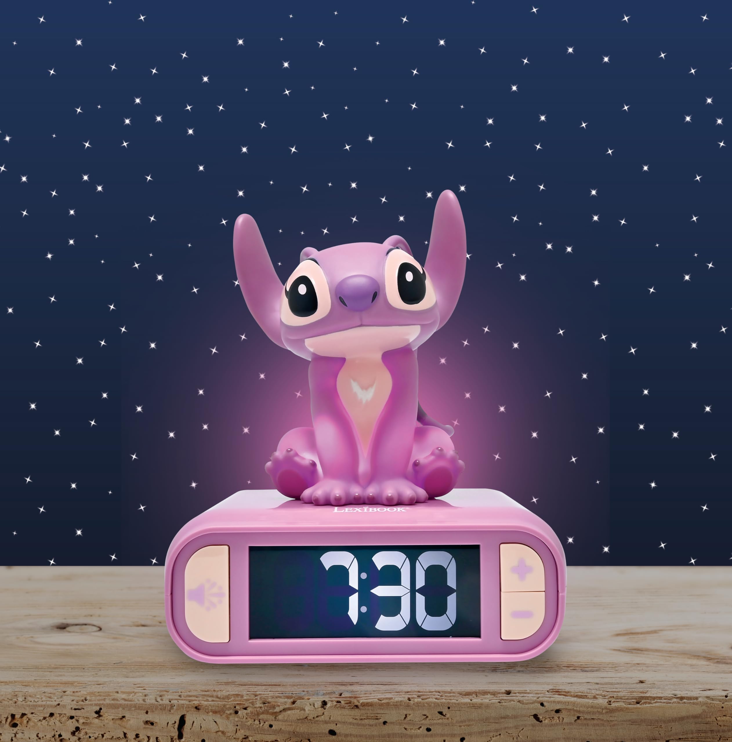 LEXiBOOK Stitch Angel on bedside table illustrating comforting sleep routine