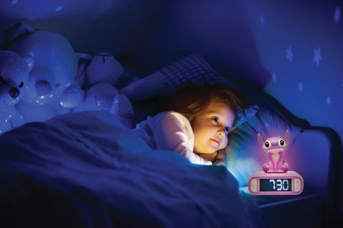 LEXiBOOK Stitch Angel side profile lit up to show gentle nightlight glow
