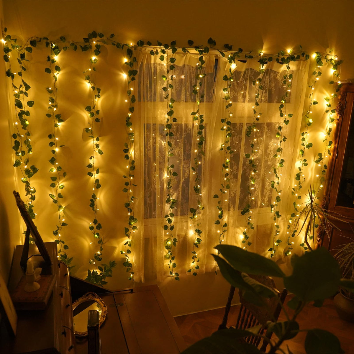 Lfasww front view of vine curtain lights showing full 9.4 ft width and leafy coverage for ambient lighting