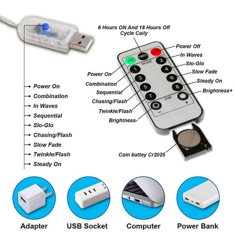 Lfasww remote control and power pack close-up illustrating 8 modes and timer convenience