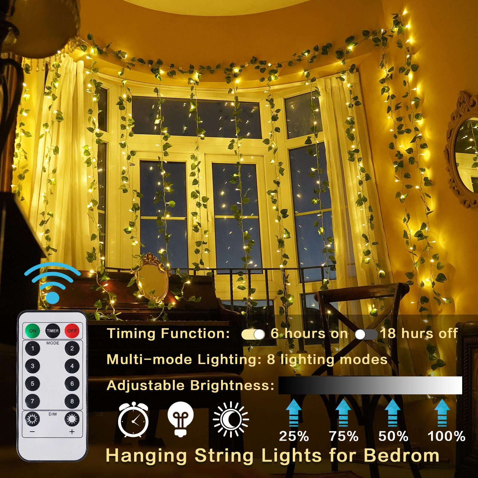 Lfasww lifestyle bedroom display of ivy lights creating cozy, decorative backdrop and mood lighting