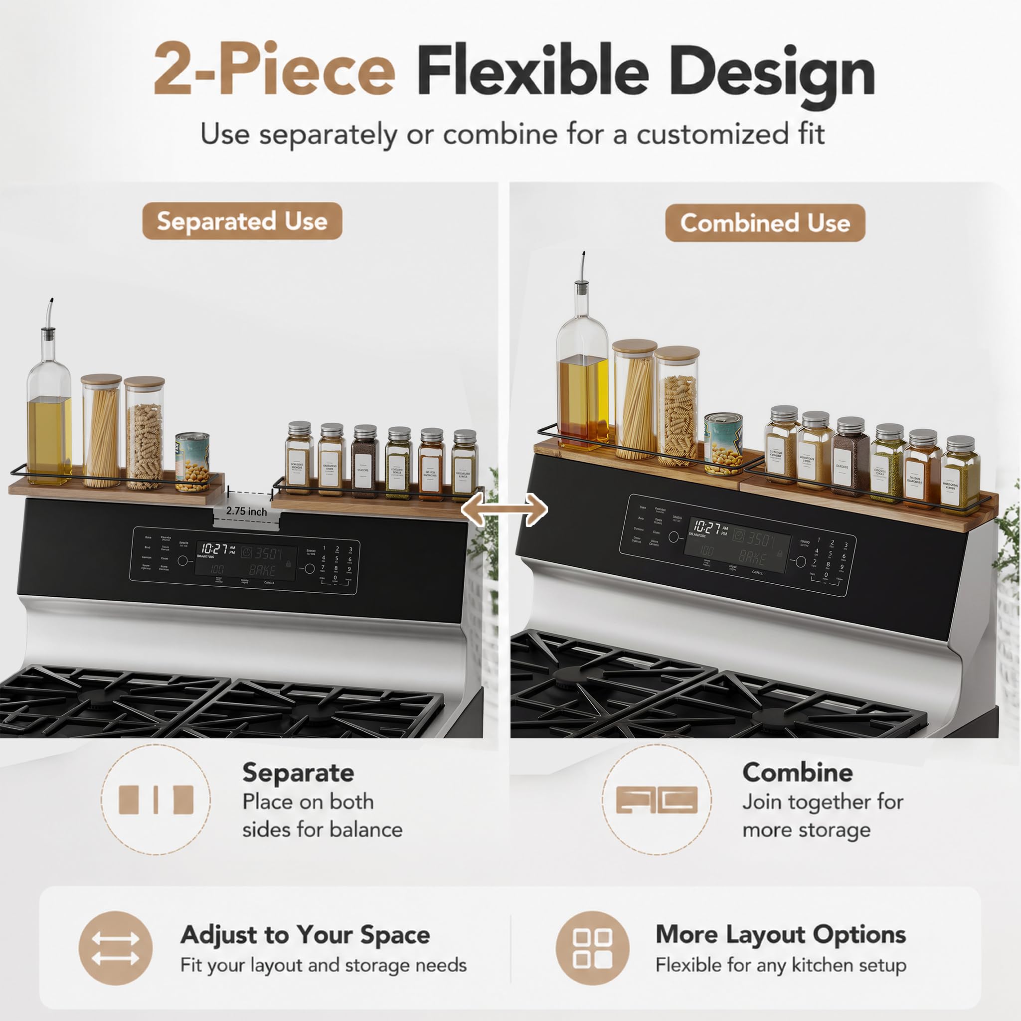 LFILONRO shelf loaded with spice bottles for easy reach while cooking