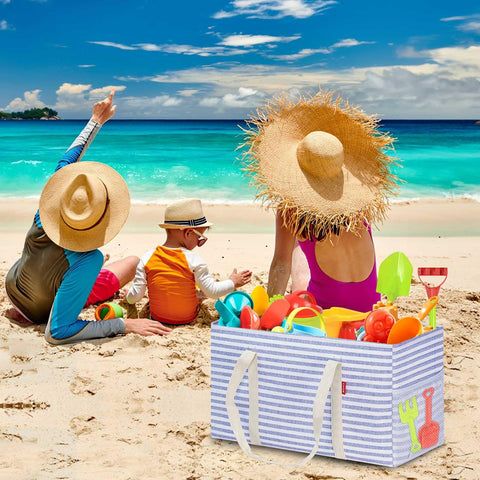 LHZK lifestyle at beach carrying towels and toys for easy transport