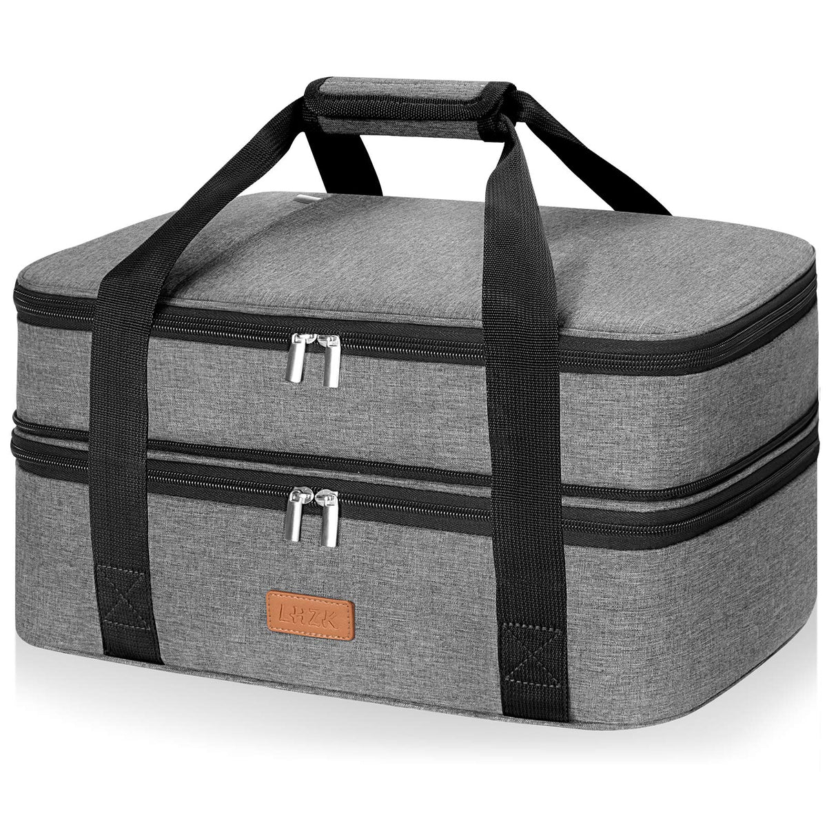 LHZK front view of grey casserole carrier showing organized storage and easy transport