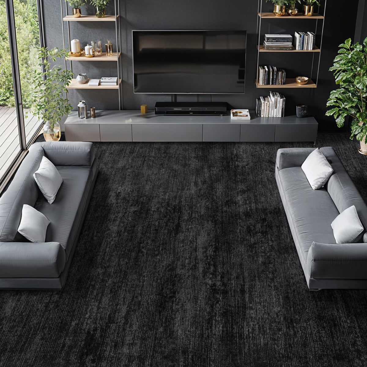 LIANLAM front view 8x10 black rug showing clean modern look and versatility
